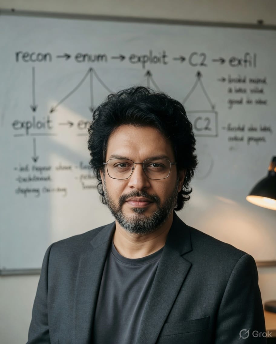 Sunny Kashyap — founder of TrikalDarshi Labs, photographed in front of attack-chain whiteboard