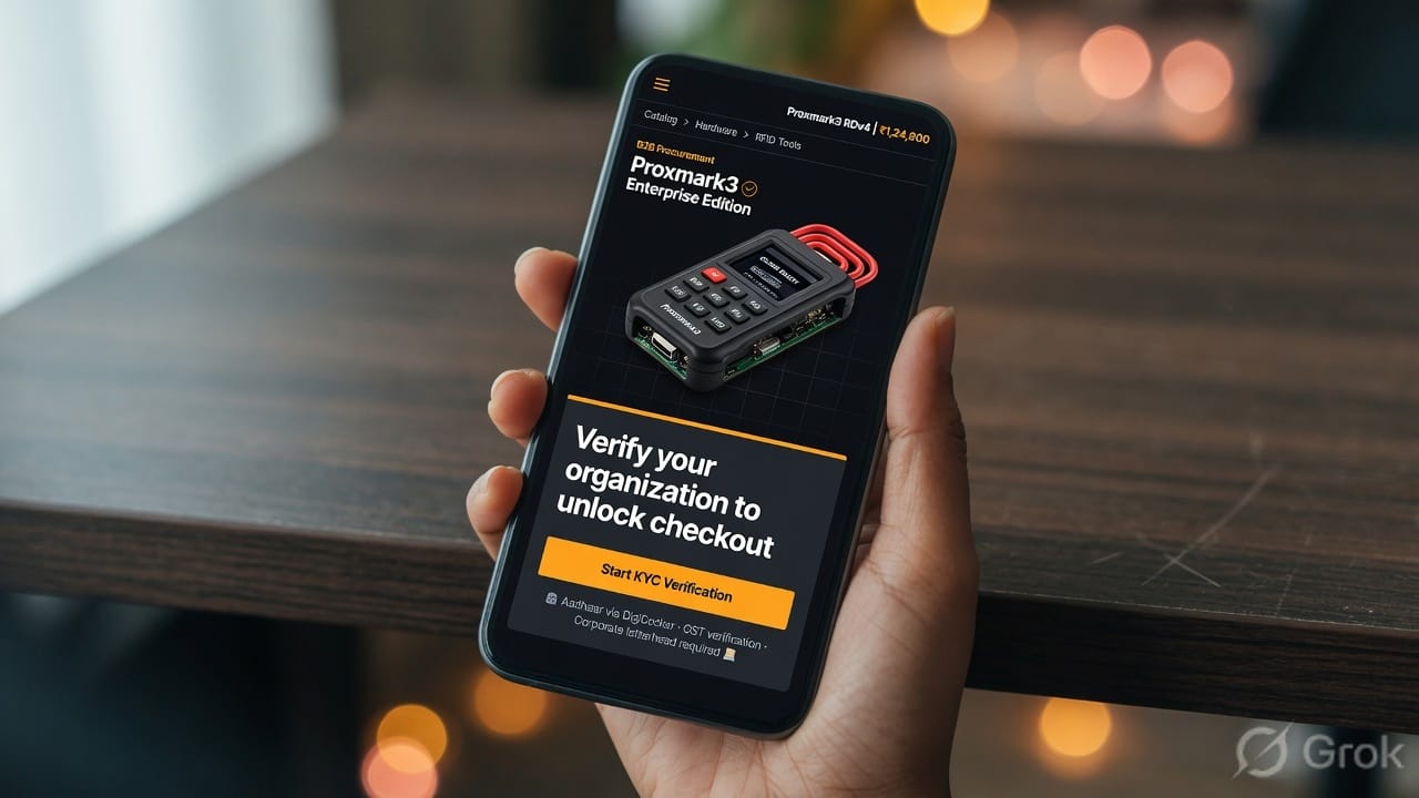Mobile KYC verification overlay on a Proxmark3 RDV4 product detail page