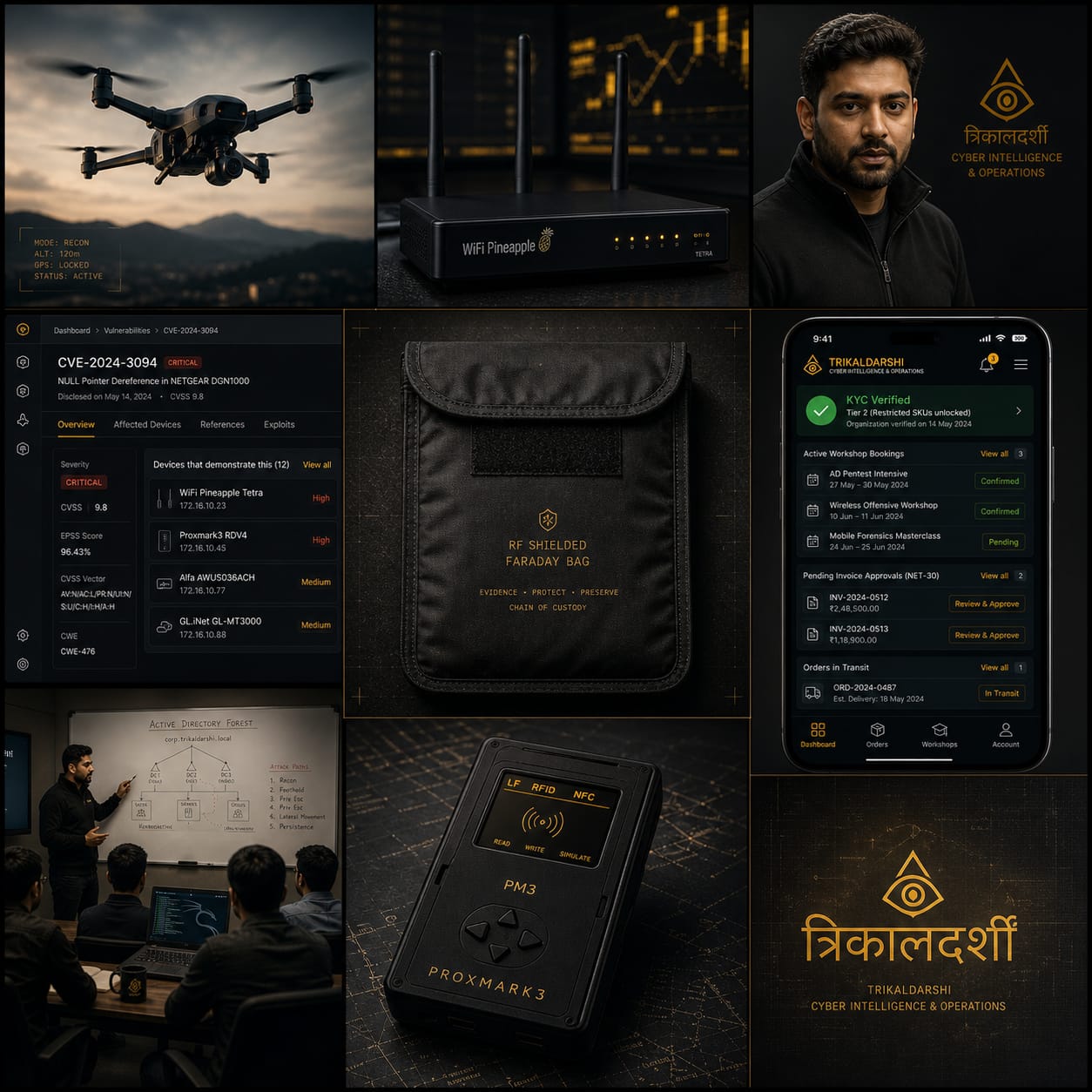 TrikalDarshi Labs — 9-panel mosaic showing drone, WiFi auditor, founder portrait, CVE dashboard, Faraday bag, RFID cloner, and Sanskrit wordmark